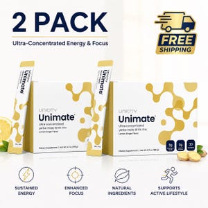 May include: Two boxes of Unimate yerba mate drink mix, with individual packets. The white boxes have gold designs and text highlighting "Ultra-Concentrated Energy & Focus" and "Lemon Ginger Flavor". Each box contains 189g of product.