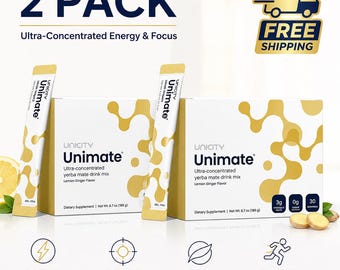 Unicity Unimate (Two-Pack Bundle) | 60 Servings Natural Energy & Focus Drink | Lemon Ginger Flavour (Free Shipping) personalized customized.