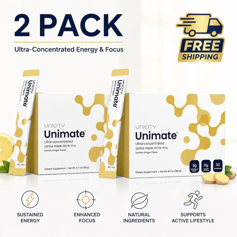 May include: Two boxes of Unimate yerba mate drink mix, with individual packets. The white boxes have gold designs and text highlighting "Ultra-Concentrated Energy & Focus" and "Lemon Ginger Flavor". Each box contains 189g of product.