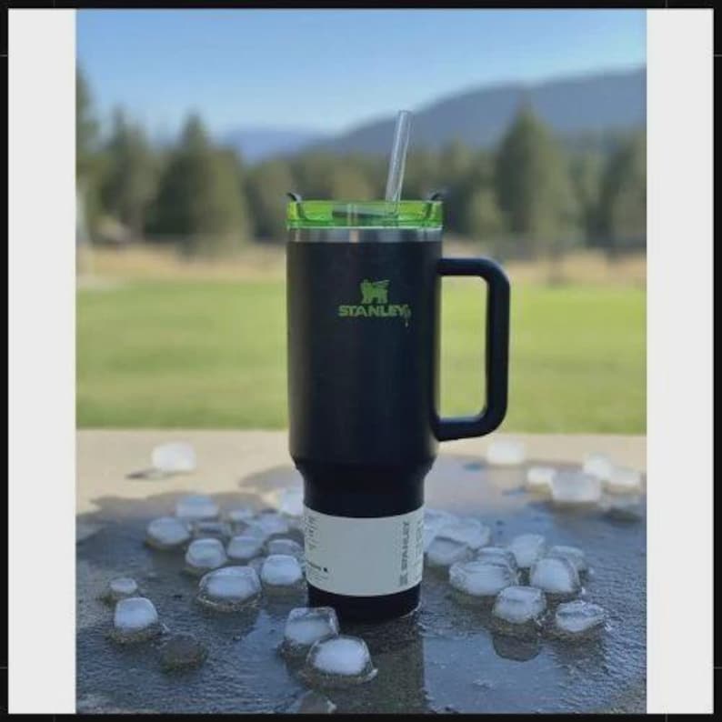 May include: A black Stanley travel mug with a green lid and handle, and a clear straw. The Stanley logo is in green. The mug is surrounded by ice cubes on a wet surface, with a blurred outdoor background.