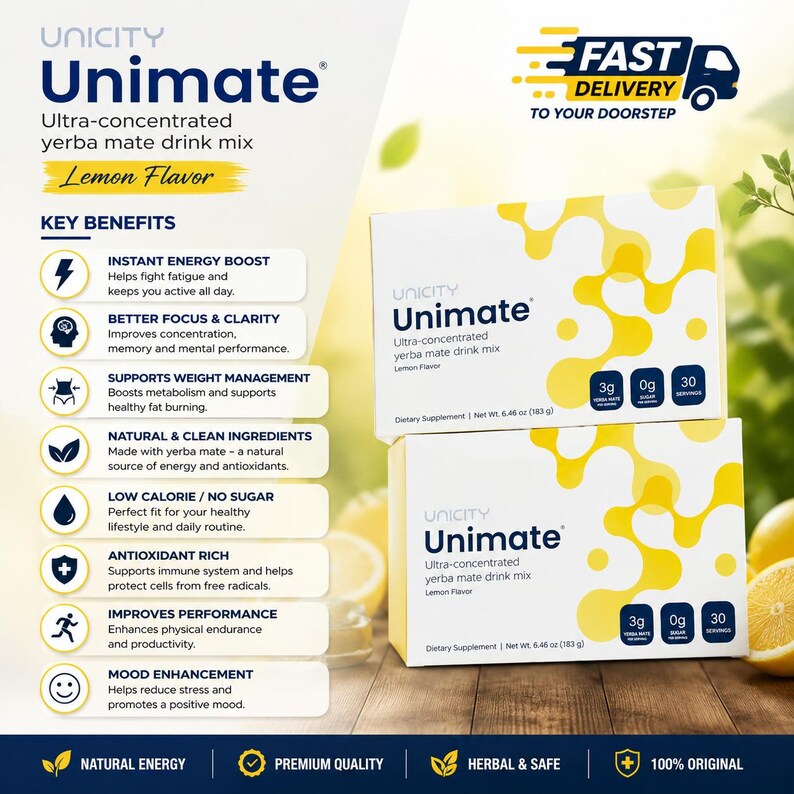 Unicity Unimate (Two-Pack Bundle) | 60 Servings Natural Energy & Focus Drink | Lemon Ginger Flavour (Free Shipping) personalized customized. image 2