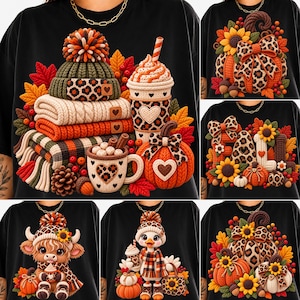 Op de afbeelding: Een zwart t-shirt met een collage van zes herfstthema-ontwerpen. De afbeeldingen bevatten gestapelde gebreide mutsen, sjaals, pompoenen, zonnebloemen, luipaardprintaccenten, een koffiebeker, een hooglandrund en een eend in gebreide stijl.