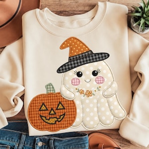 Cute Ghost PNG, Patchwork Ghost Pumpkin Halloween PNG, Halloween ghost PNG, Sublimation design, Digital download