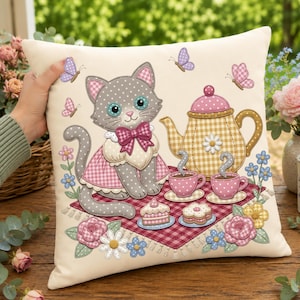 Cottagecore Cat PNG, Patchwork Cat Faux Embroidery PNG, Cat PNG, Tea Party , Patchwork Applique Sublimation Design, Cottagecore Decor