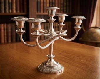 Antyczny 5-ramienny świecznik posrebrzany – wyprodukowany w Anglii Mayell, elegancki świecznik 26 cm, klasyczny angielski styl