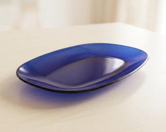 Bormioli Rocco Vintage-Tablett aus blauem Glas aus den 1990er Jahren, große ovale Servierschale, italienisches Design