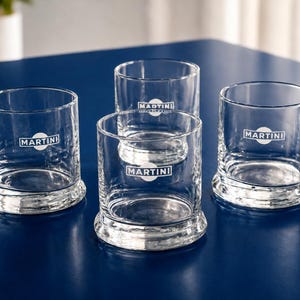 Set of 4 Vintage Martini Glasses, 1970s Tumblers with Sculpted Heavy Base, Rare Italian Advertising Barware