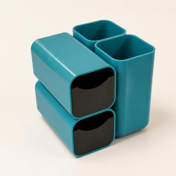 Vintage 1970s MODULO 4 Desk Organizer, Turquoise Pen Holder with Black Drawers, Space Age Design with Original Box