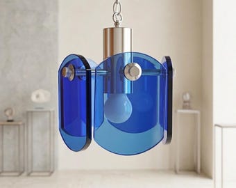 Lustre vintage de vidro azul dos anos 70 – Luminária pendente estilo era espacial com estrutura cromada e sistema elétrico reformado.