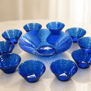 Vintage Arcoroc Riflessi Blu Fruit Salad Set – 1980s/1990s Blue Tempered Glass Dessert Set, 12 Bowls and Large Serving Bowl
