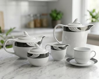 Juego de té vintage Winterling Bavaria de 28 piezas – Porcelana blanca alemana y plata, juego completo de 12 piezas, tapas florales