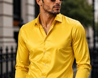 Herrskjorta i siden – Lyxig slim fit, knappad formell skjorta – Elegant festskjorta – Bröllopsoutfit, premium designerstil