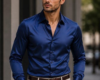 Zijden herenoverhemd – luxe slim fit formeel overhemd met knoopsluiting – elegant overhemd voor feestkleding – trouwoutfit Premium designerstijl