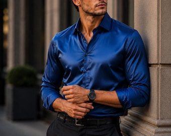 Men’s Silk Shirt – Luxury Slim Fit Button Down Formal Shirt – Elegant Party Wear Dress Shirt – Wedding Outfit Premium Designer Style