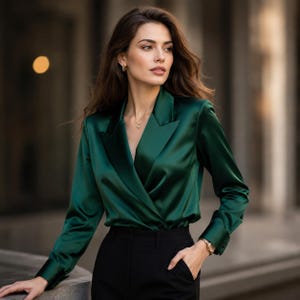 May include: A long-sleeved emerald green satin blouse featuring a notched lapel collar, a wrap-style front, and wide cuffs. The blouse is paired with solid black trousers. The fabric has a smooth, reflective finish with visible sheen.