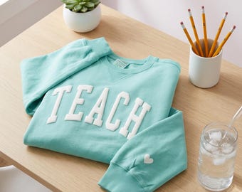 Teacher Crewneck Sweatshirt Varsity Style Graphic Pullover Cotton Fleece Educator Gift Appreciation Present Classroom Apparel Women