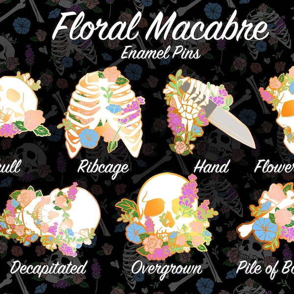 Floral Macabre Regular Skulls Skeleton Hard Enamel Pin