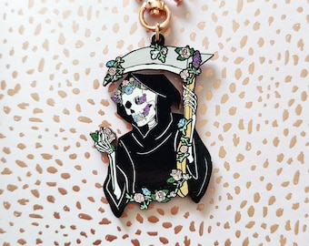 Floral Macabre Grim reaper Wooden Keychain Charm