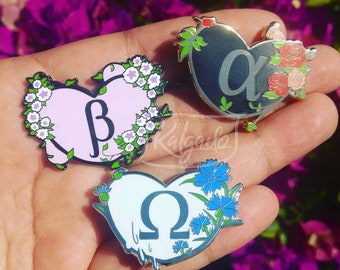 A/B/O Alpha Beta Omega Omegaverse Floral Heart Hard Enamel Pin
