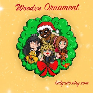 May include: A wooden Christmas ornament featuring a green wreath with a red bow, decorated with five cartoon characters from the Final Fantasy video game series. The characters are wearing festive attire and holding small plush toys. The ornament is decorated with a red and white Santa hat and the text "kalgado.etsy.com".