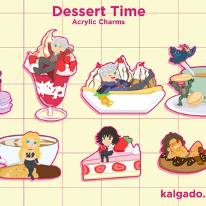 Puede incluir: Encantos acrílicos con temática de postres. La imagen presenta varios personajes de dibujos animados asociados con postres como parfaits, helados y pasteles. El texto "Dessert Time Acrylic Charms" está en la parte superior, y la URL de la tienda Etsy está en la parte inferior.