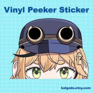 May include: A vinyl peeker sticker featuring an anime-style character with blonde hair and green eyes. The character wears a dark blue hat with goggles. The sticker has the text "Vinyl Peeker Sticker" at the top and the Etsy shop URL at the bottom.