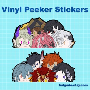 May include: Vinyl peeker stickers featuring a collection of cartoon character faces with various hair colors and styles. The stickers are arranged in two groups, with the text "Vinyl Peeker Stickers" at the top. The Etsy shop name is visible at the bottom.