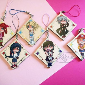 May include: Six colorful wooden charm keychains featuring anime characters. Each keychain is shaped like a diamond with a white background and a floral border. The characters are depicted in a chibi style and are wearing various outfits. The keychains are attached to colorful strings.
