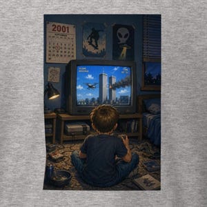 May include: An illustration depicting a young person playing a video game on an old television. The game shows a plane crashing into the Twin Towers. A calendar on the wall reads "2001 September". Posters of a skateboarder and an alien are visible.