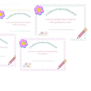 Puede incluir: Una colección de certificados de objetivos de escritura con un diseño floral rosa y verde. Cada certificado tiene el texto "Logré mi objetivo de escritura" y un espacio para escribir. También se presenta un lápiz rosa con una goma de borrar en forma de estrella.
