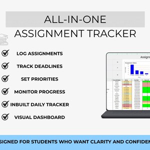 May include: A digital assignment tracker on a tablet, featuring a spreadsheet interface. Key features include logging assignments, tracking deadlines, and a visual dashboard. The text states, "Designed for students who want clarity and confidence."
