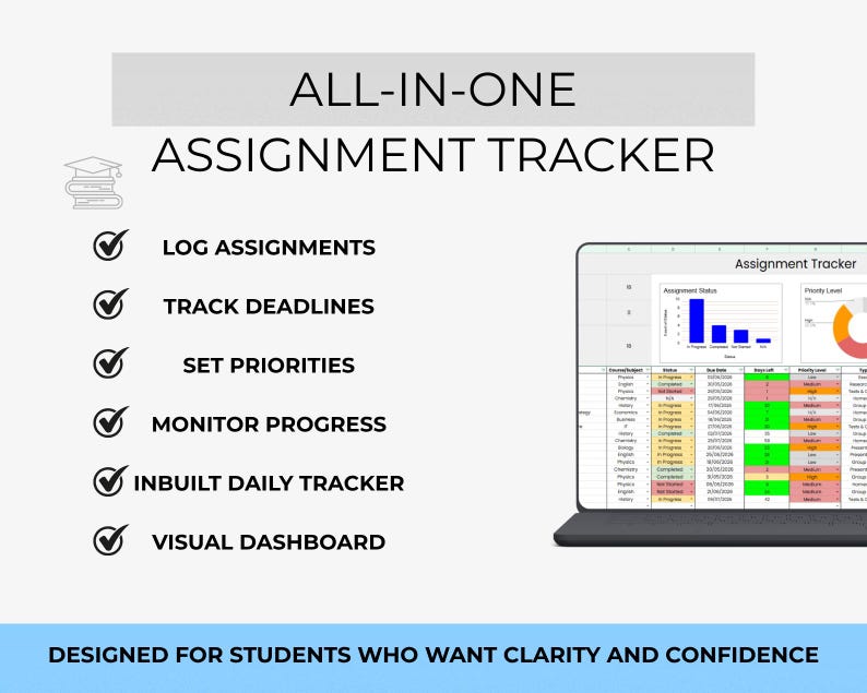 May include: A digital assignment tracker on a tablet, featuring a spreadsheet interface. Key features include logging assignments, tracking deadlines, and a visual dashboard. The text states, "Designed for students who want clarity and confidence."