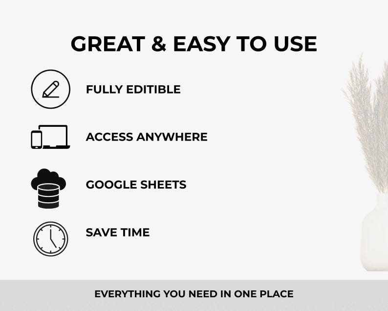 May include: A white graphic with the text "GREAT & EASY TO USE" and icons for editing, access, Google Sheets, and saving time. The text "FULLY EDITIBLE", "ACCESS ANYWHERE", "GOOGLE SHEETS", and "SAVE TIME" are also included. The phrase "EVERYTHING YOU NEED IN ONE PLACE" is at the bottom.