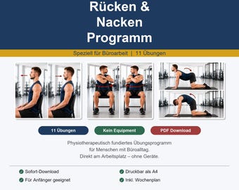 Programma per schiena e collo in PDF | 11 esercizi per il lavoro d'ufficio | Basato su principi fisioterapici | Download immediato in formato A4