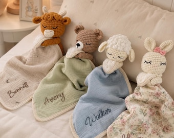 Personalized Crochet Animal Lovey Blanket, Organic Cotton Baby Security Blanket with Rattle Toy and Soft Washcloth for Newborns