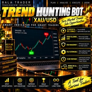 May include: A laptop displaying a TradingView chart with XAU/USD trend data, surrounded by a black mug with the text Discipline Creates Freedom, a stack of books labeled Trading Plan, Risk Management, Journal, and Better Trader, and a black pen.