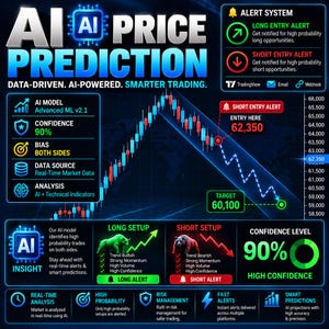 Op de afbeelding: Een digitaal dashboard getiteld AI PRICE PREDICTION met een candlestick-grafiek die een prijsdaling toont. Het toont statistieken zoals AI Model Advanced ML v2.1, 90% betrouwbaarheid en short entry alerts op 62.350 met een doel van 60.100.