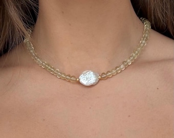 Pearl Pendant Yellow Quartz Beaded Necklace
