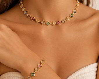Ensemble Collier & Bracelet Fleur Multicolore Plaqué Or – Bijoux Élégants Femme – Parure Luxe Colorée