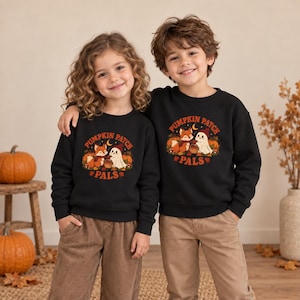 Pumpkin Patch Pals Kids Sweatshirt, Cute Fox and Ghost Halloween Crewneck, Toddler Fall Pullover, Autumn Gift for Boys and Girls