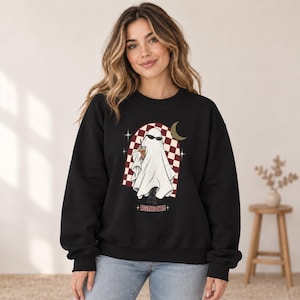 Ghost Iced Coffee Sweatshirt, Cute Halloween Crewneck, Retro Checkerboard Ghost Pullover, Spooky Unisex Fall Gift