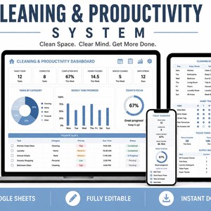 May include: A digital cleaning and productivity system template displayed on a laptop, tablet, and smartphone. The system includes a cleaning dashboard, schedule, task manager, and habit tracker. The text reads "CLEANING & PRODUCTIVITY SYSTEM" and "Clean Space. Clear Mind. Get More Done."