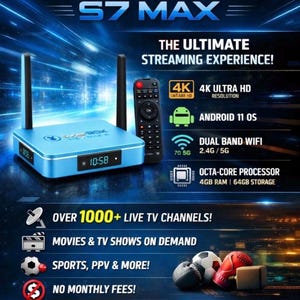 May include: A blue SuperBox S7 MAX streaming device with antennas, a remote, and the text "THE ULTIMATE STREAMING EXPERIENCE!" The device supports 4K Ultra HD resolution, Android 11 OS, and dual-band WiFi.