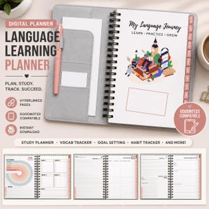 May include: A digital language learning planner with a gray cover, spiral binding, and pink accents. The planner includes sections for planning, studying, and tracking progress. Features include hyperlinked pages and Goodnotes compatibility.