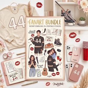 以下が含まれることがあります： 白の数字44が入ったベージュのスウェットシャツ、イラスト入りの「The Fanart Bundle」と題された額入りのプリント、携帯電話ケース。プリントには、ホッケー選手、カップル、その他のアイテムのイラストが含まれています。赤いカップとホッケーのスケートもあります。
