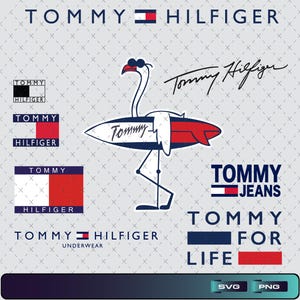 Könnte beinhalten: Eine Sammlung von Tommy Hilfiger Logos und Grafiken, darunter der Markenname, ein Flamingo-Design und die Texte "Tommy Jeans" und "Tommy For Life". Die Logos verwenden Rot-, Weiß- und Blautöne.