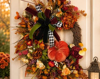 XL Luxury Fall Pumpkin Wreath | Elegant Autumn Front Door Decor | Burgundy, Olive Green & Harlequin Ribbon | Thanksgiving Grapevine Wreath