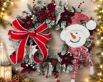 XL Snowman Christmas Wreath | Winter Front Door Wreath | Flocked Holiday Decor | Farmhouse Christmas Door Hanger | Cozy Christmas Porch Deco