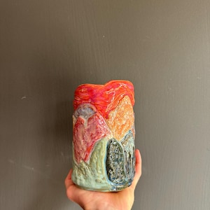 Sunset Mountain Sculpted Vase, Cave Archway Landscape, Handmade Pottery