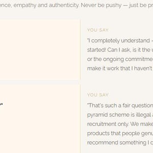 Puede incluir: Imagen con texto sobre un fondo crema. El texto incluye frases como "No puedo permitírmelo" y "¿Es esto un esquema piramidal?" con respuestas correspondientes. El texto enfatiza el manejo de objeciones con confianza y empatía.
